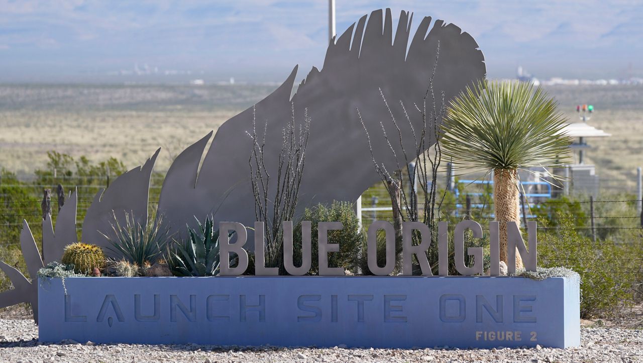 FILE — The entrance to the Blue Origin launch site near Van Horn, Texas, Monday, Oct. 11, 2021. (AP Photo/LM Otero, file)