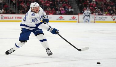 Tampa Bay Lightning defenseman Darren Raddysh shoots during the second period of an NHL hockey game against the Detroit Red Wings Friday, Nov. 28, 2025, in Detroit. (AP Photo/Ryan Sun)