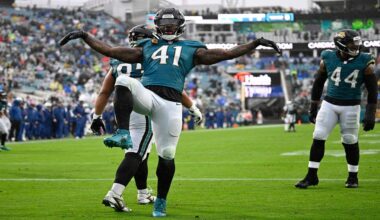 Jacksonville Jaguars defensive end Josh Hines-Allen (41) celebrates after getting a safety against the Indianapolis Colts during the second half of an NFL football game, Sunday, Dec. 7, 2025, in Jacksonville, Fla. (AP Photo/Phelan M. Ebenhack)