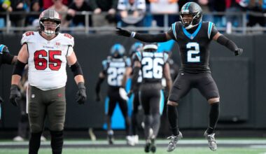 Carolina Panthers cornerback Mike Jackson celebrates after Carolina Panthers safety Lathan Ransom interception against the Tampa Bay Buccaneers during the second half of an NFL football game, Sunday, Dec. 21, 2025, in Charlotte, N.C. (AP Photo/Jacob Kupferman)