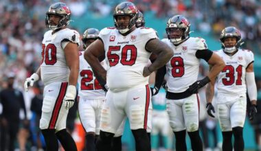 Tampa Bay Buccaneers defensive tackle Vita Vea (50) looks on during the second half of an NFL football game against the Miami Dolphins Sunday, Dec. 28, 2025, in Miami Gardens, Fla. (AP Photo/Lynne Sladky)