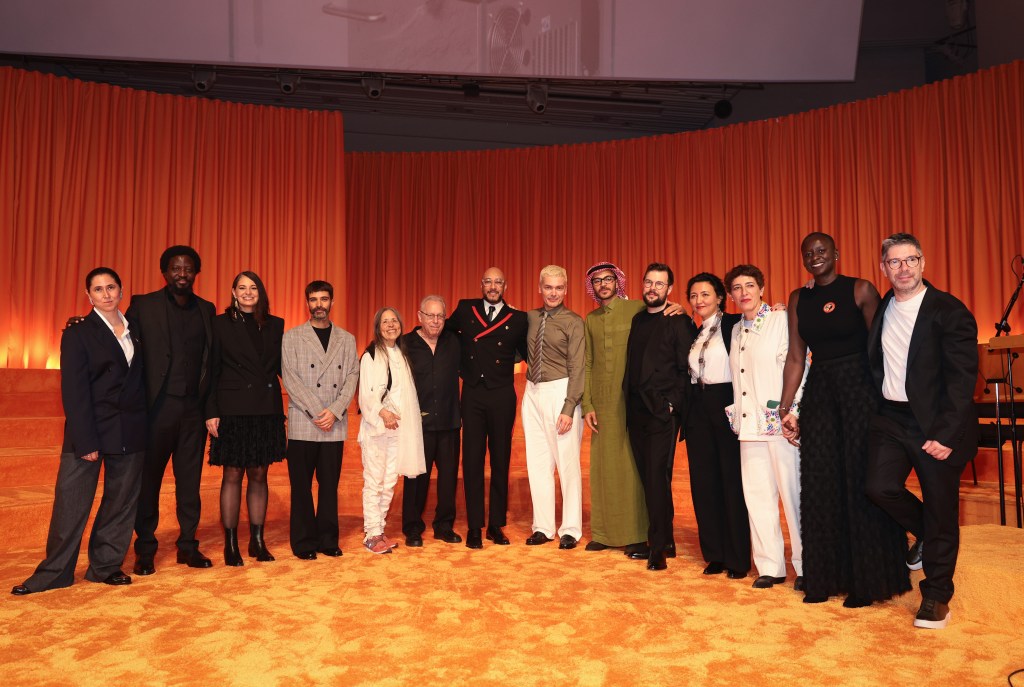 Meriem Bennani, Ibrahim Mahama, Candice Hopkins, Andrea Trimarchi, Cecilia Vicuna, Joel Wachs, Swizz Beatz, Simone Farresin, Mohammad Al Faraj, Robert Leckie, Saodat Ismailova, Nairy Baghramian, Marie Helene-Pereira and Alessio Antoniolli pose at the Art Basel Awards in Miami Beach.