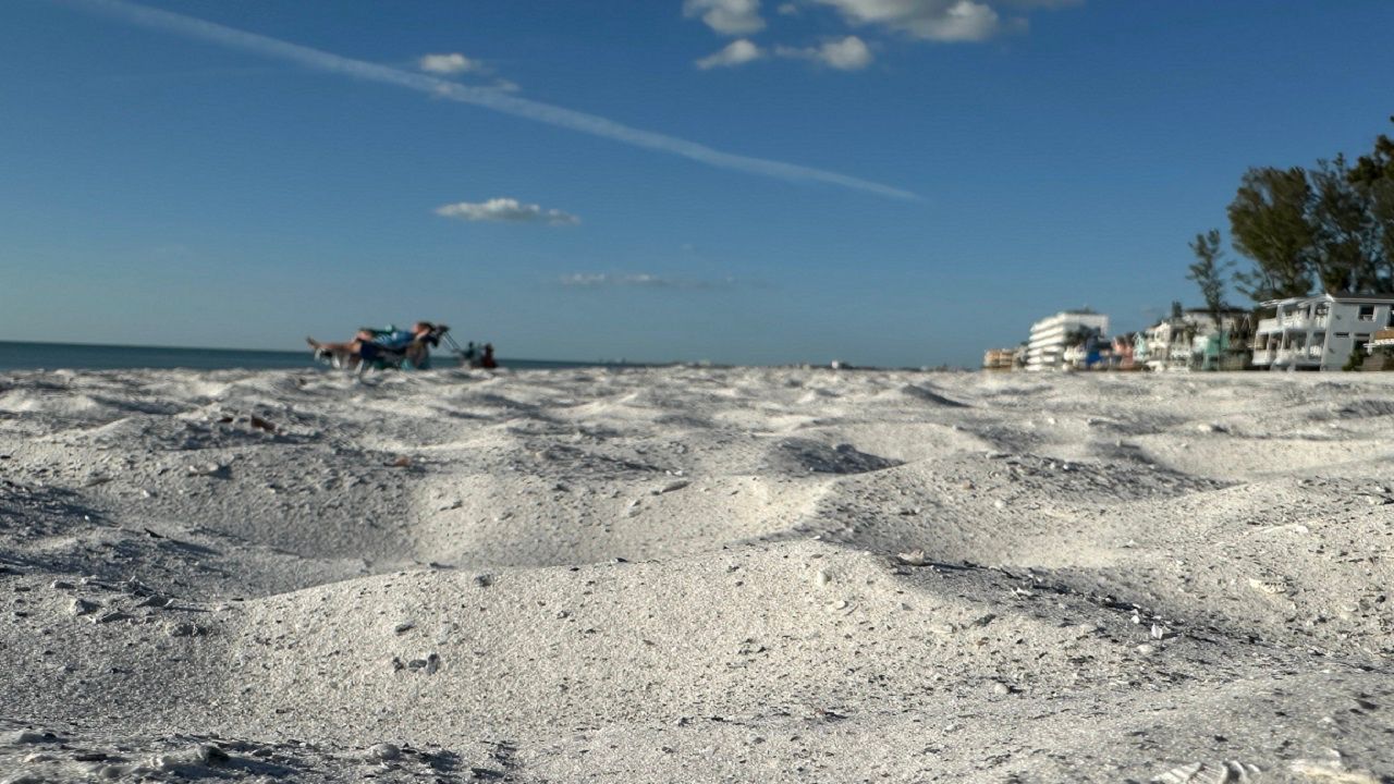 Pinellas County said Sunset Beach in Treasure Island is the last of nine beaches that will get sand through next week as part of its nourishment project. (Spectrum News/Sarah Blazonis)