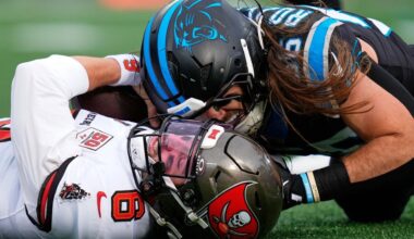Tampa Bay quarterback Baker Mayfield is sacked by Carolina Panthers linebacker Christian Rozeboom during the first half of Sunday's 23-20 Bucs loss. (AP Photo/Erik Verduzco)