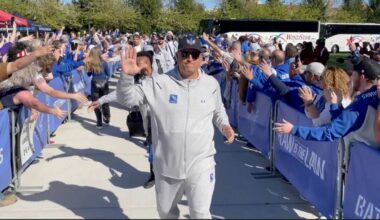 St. Louis Battlehawks Head Coach Anthony Becht is greeted by fans as the team arrived prior to a football game at The Dome at America's Center. (Spectrum News/Gregg Palermo)