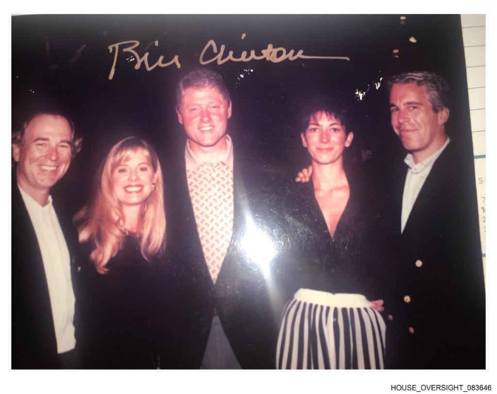 A photo featuring Bill Clinton, Ghislaine Maxwell, and Jeffrey Epstein.