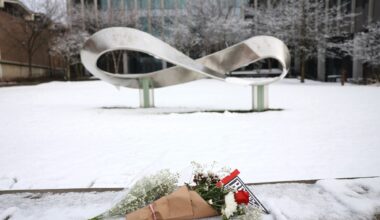 two bouquets of flowers placed atop a low stone wall dusted with snow. in the background, a large sculpture in the shape of the infinity symbol / möbius strip