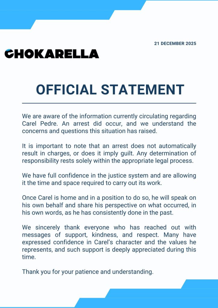 Statement by Chokarella released via Facebook.
