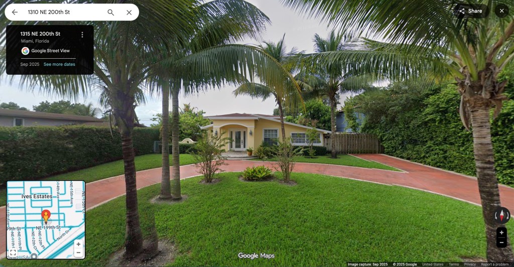 google streets screenshot of a pale yellow 1-story residence with a well manicured lawn and a circular driveway