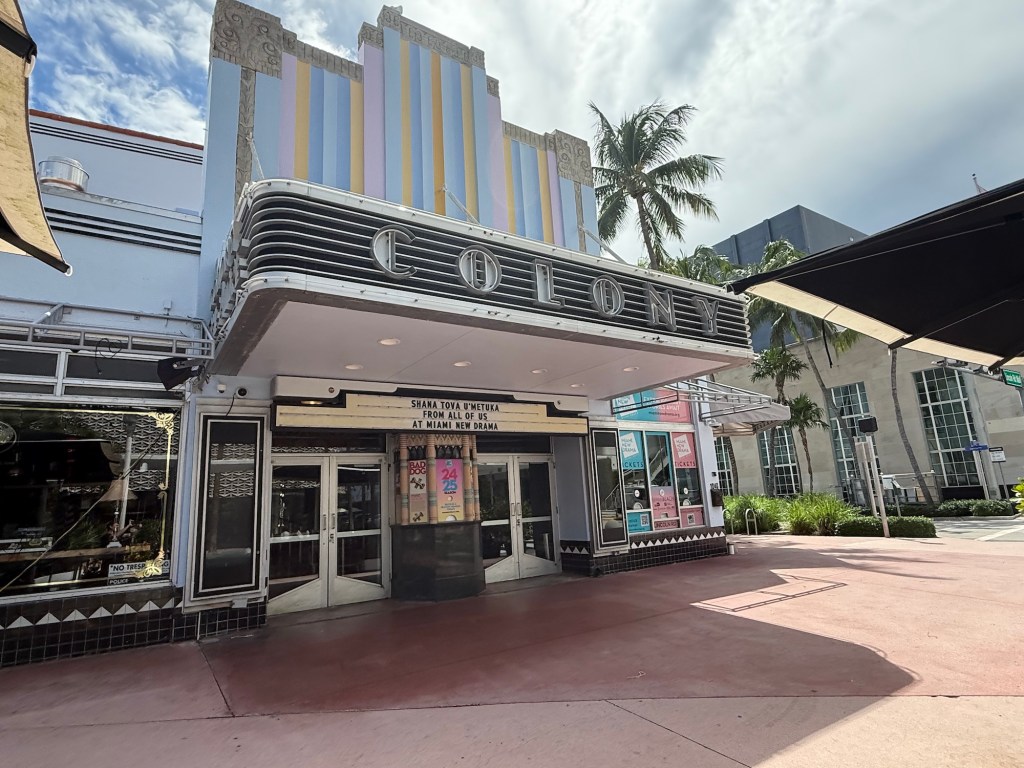 photo of the exterior facade of the Art Deco-style Colony Theater in Miami Beach