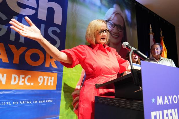 Miami mayor-elect Eileen Higgins celebrates at a watch party after winning the Miami mayoral runoff election, Tuesday, Dec. 9, 2025, in Miami. (Lynne Sladky/Associated Press)