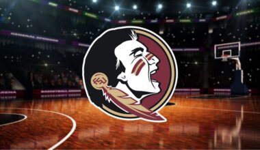 Florida State University Seminoles primary logo on generic basketball background.