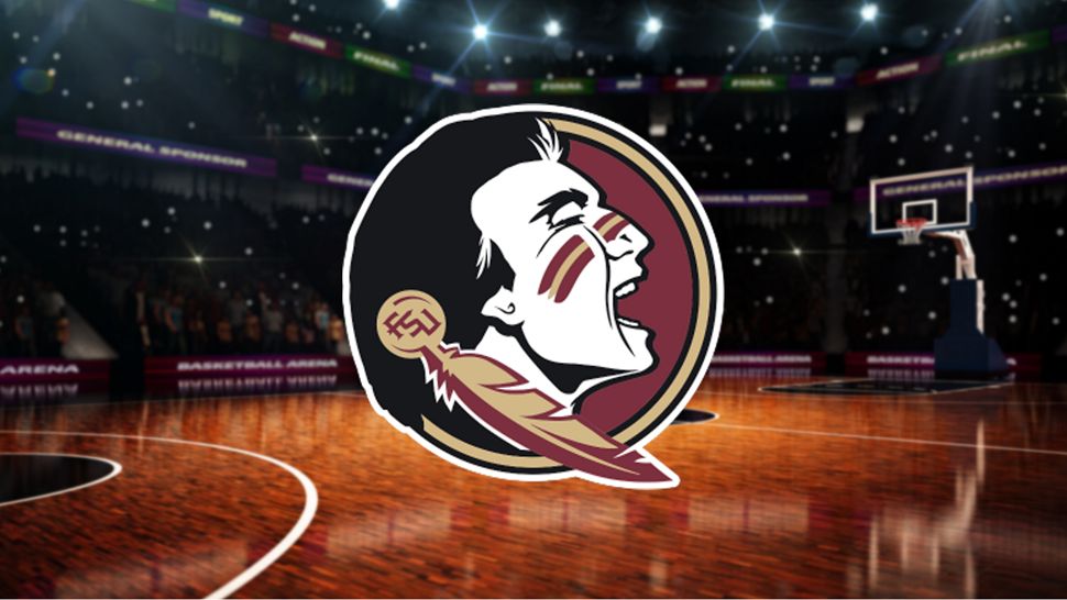 Florida State University Seminoles primary logo on generic basketball background.