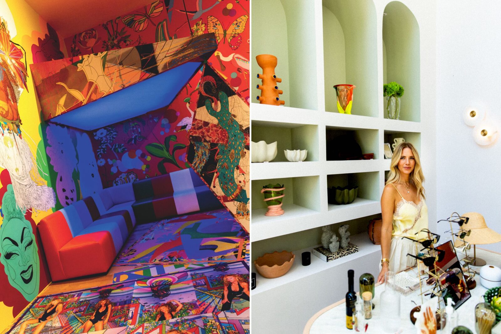 An art exhibition; a woman in a shop