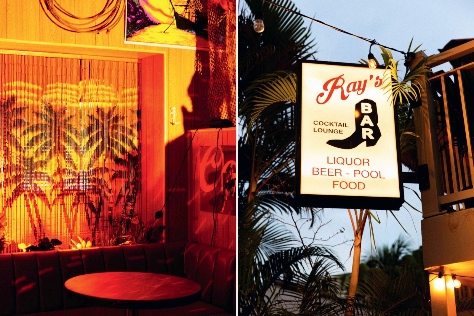 A red-lit dive bar booth; a bar sign