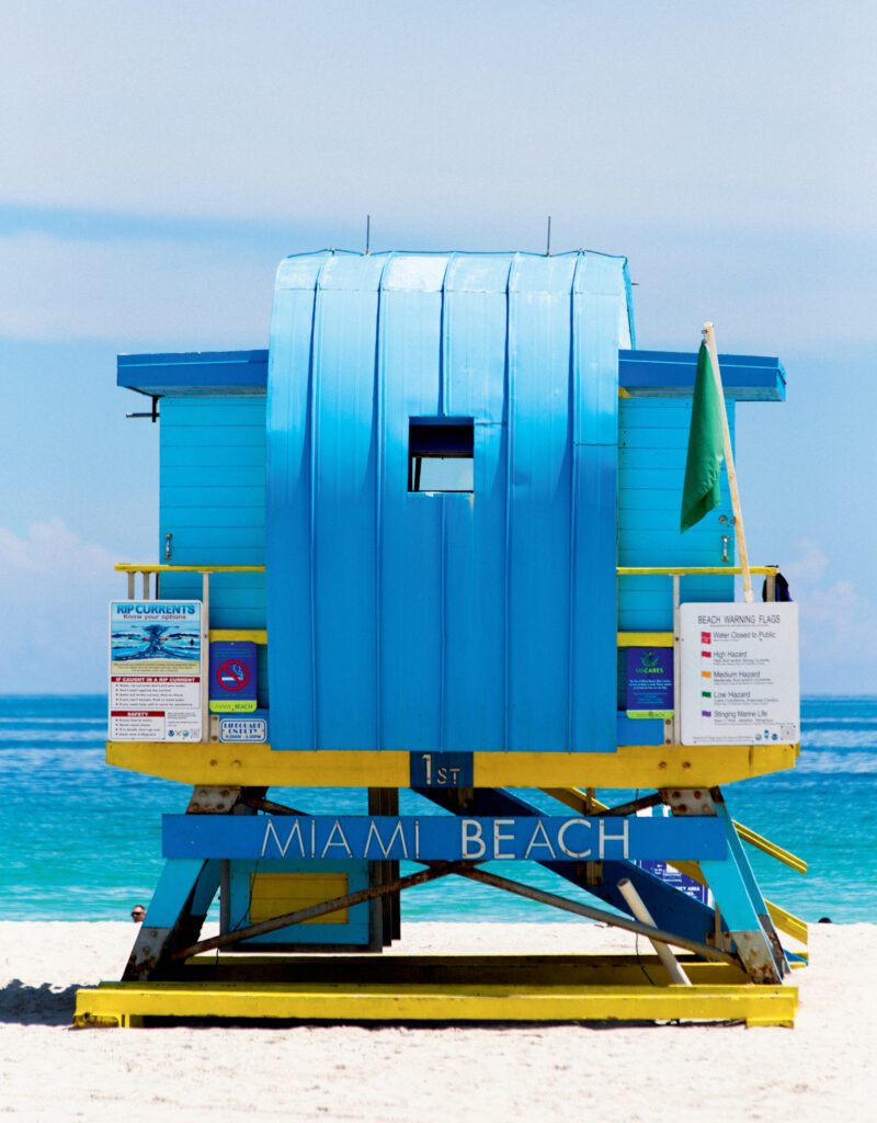 A blue lifeguard stand
