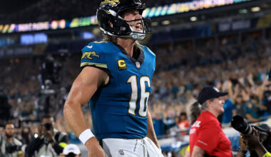 JACKSONVILLE, FLORIDA - OCTOBER 06: Trevor Lawrence #16 of the Jacksonville Jaguars celebrates a touchdown against the Kansas City Chiefs during the third quarter at EverBank Stadium on October 06, 2025 in Jacksonville, Florida. (Photo by Mike Carlson/Getty Images)
