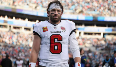 CHARLOTTE, NORTH CAROLINA - DECEMBER 21: Baker Mayfield #6 of the Tampa Bay Buccaneers walks off the field after his team's 23-20 loss against the Carolina Panthers at Bank of America Stadium on December 21, 2025 in Charlotte, North Carolina. (Photo by David Jensen/Getty Images)