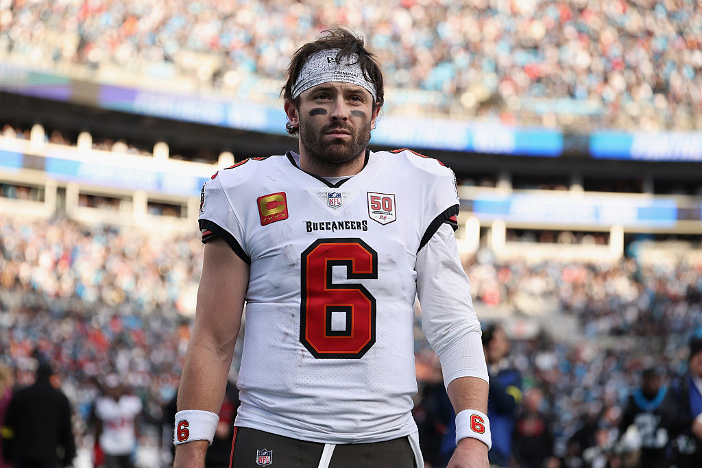 CHARLOTTE, NORTH CAROLINA - DECEMBER 21: Baker Mayfield #6 of the Tampa Bay Buccaneers walks off the field after his team's 23-20 loss against the Carolina Panthers at Bank of America Stadium on December 21, 2025 in Charlotte, North Carolina. (Photo by David Jensen/Getty Images)