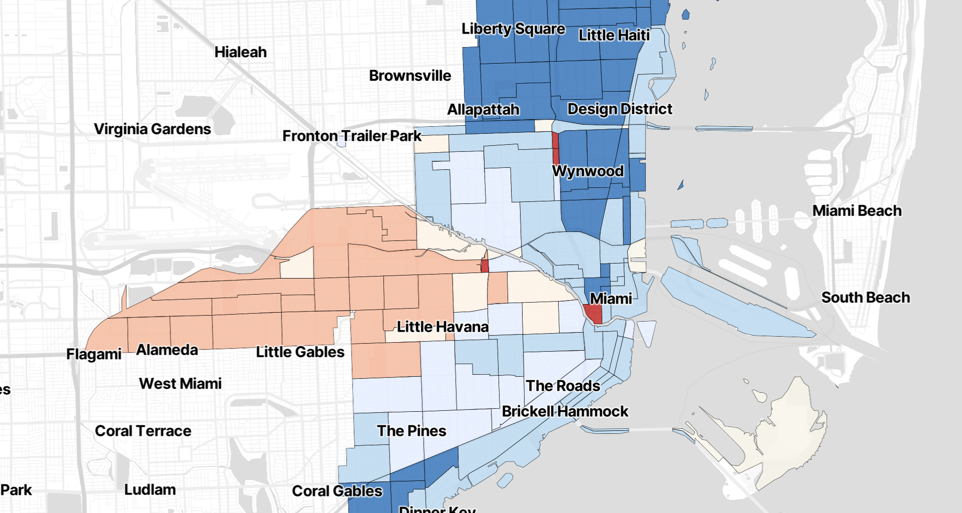 a map of the City of Miami with areas shaded in gradients of red and blue, depending on whether the precinct voted for Eileen Higgins or Emilio Gonzalez in the 2025 mayoral runoff election
