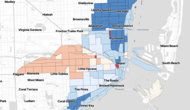a map of the City of Miami with areas shaded in gradients of red and blue, depending on whether the precinct voted for Eileen Higgins or Emilio Gonzalez in the 2025 mayoral runoff election