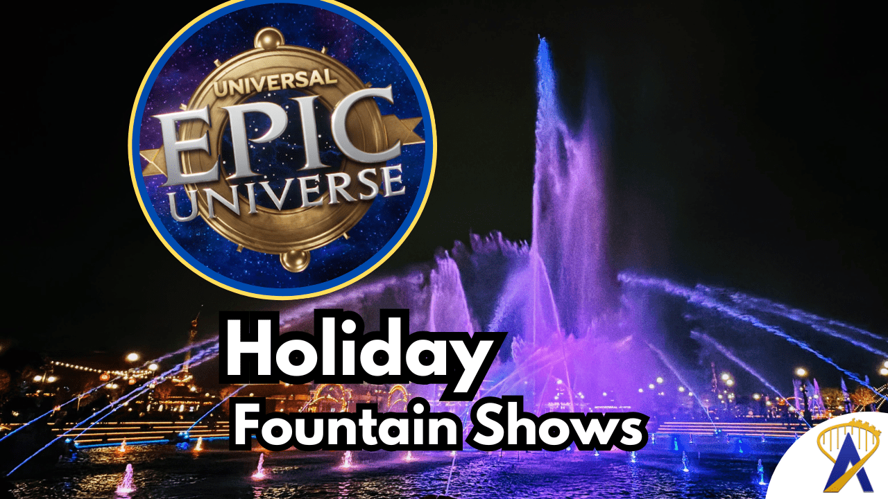 Epic Universe holiday fountain shows in Celestial Park