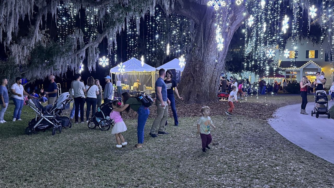 Children and parents play in a winter wonderland at Dazzling Nights at Leu Gardens. (Spectrum News)