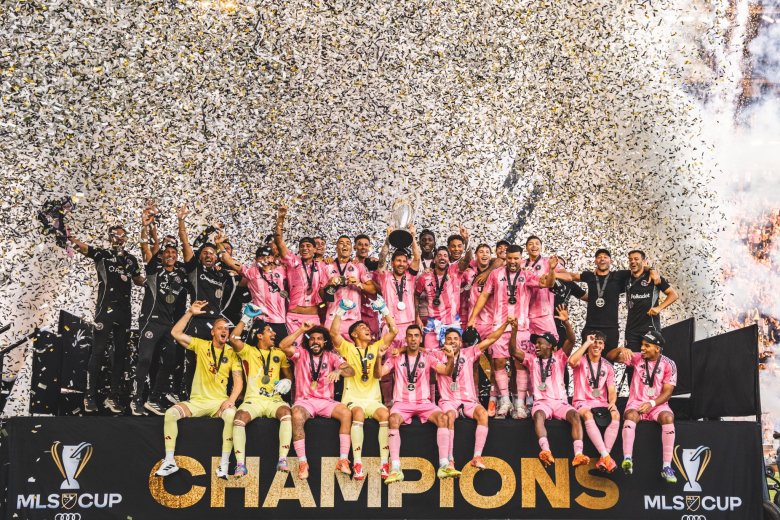 Inter Miami CF team celebrates MLS Cup trophy at Chase Stadium, Fort Lauderdale, on Saturday, December 6, 2025. Photo credit: Inter Miami CF