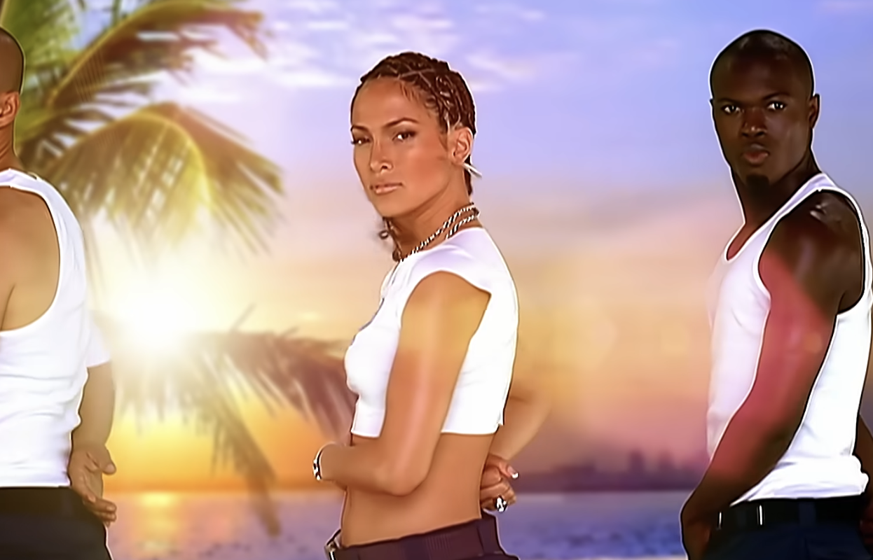 three people dancing against a tropical backdrop.