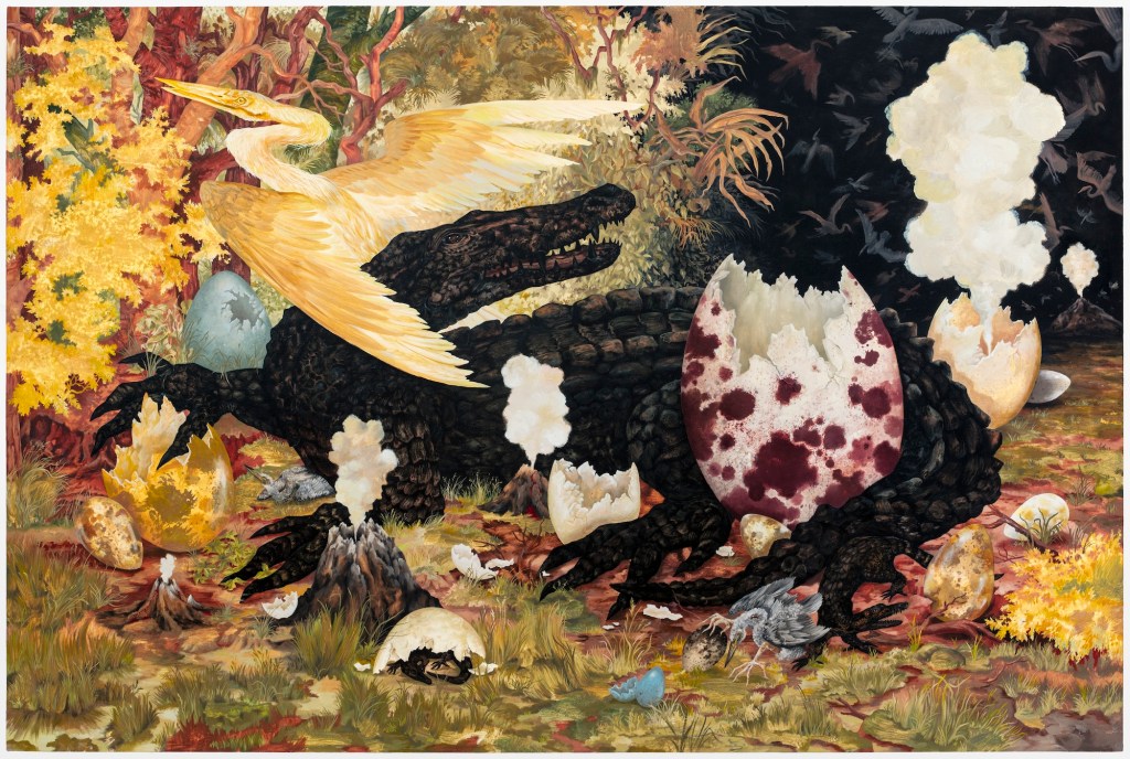 photo of a painting featuring images of cracked eggs, trees and grass, an alligator, and an egret