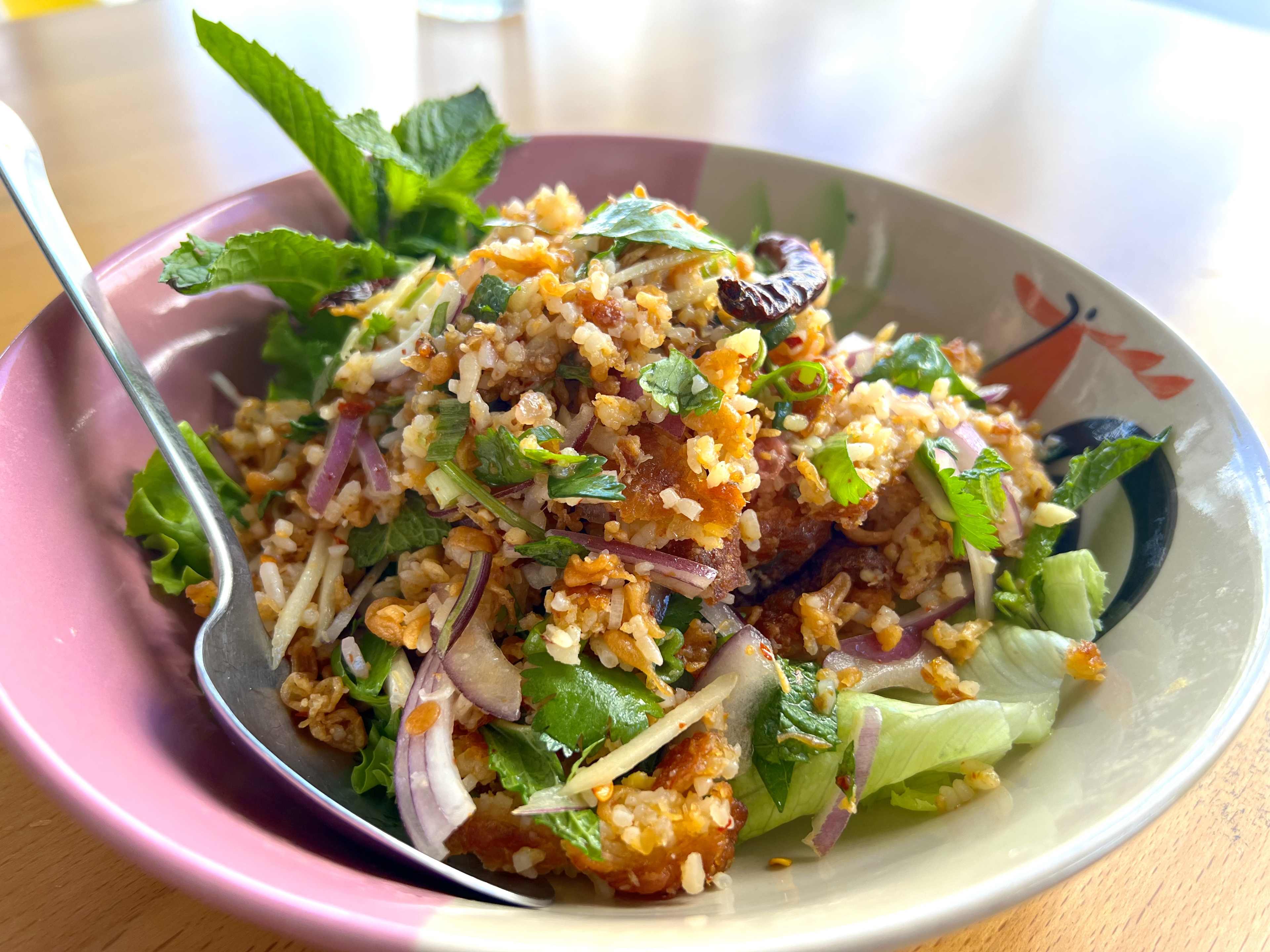 A bowl of crispy rice salad.
