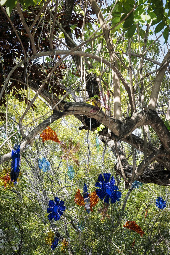 Colorful glass ornaments hanging on tree branches amid lush green foliage in a sunlit outdoor setting.