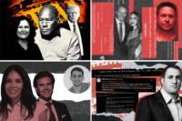 From left: Miami-Dade Circuit Judge Mavel Ruiz, activist Marvin Dunn and Donald Trump with the site at 500-540 Biscayne Boulevard; Leila and David Centner and William Riley Jr.; Veronica Bilbao de la Vega and Daniel de la Vega with Daniel Bishop; Michael Stern of JDS Development Group