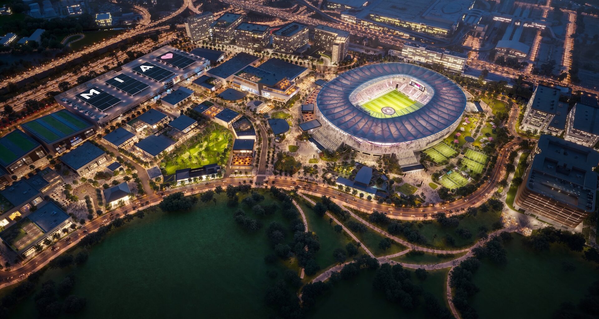 Aerial rendering of Miami Freedom Park and Inter Miami soccer stadium