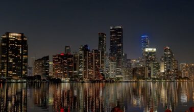water in the foreground shows a rippling reflection of the skyscrapers above