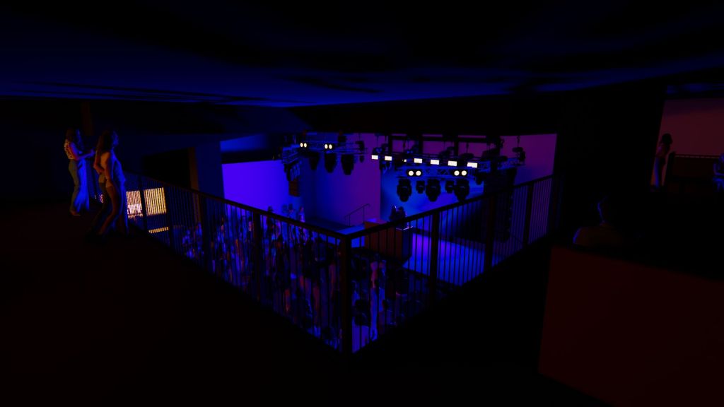 render of a venue seen from a mezzanine.