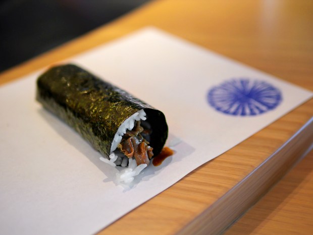 Local mushrooms, elevated with a simple infusion of butter, soy, garlic and ginger, make this temaki from Mosonori a universal yes. (Photo courtesy Julius Mayo, Jr./@droolius)
