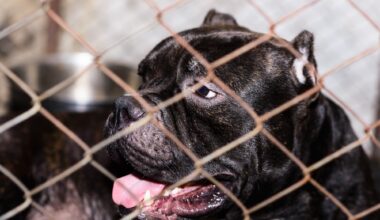 close-up photo of a black pit bull in a chainlink cage
