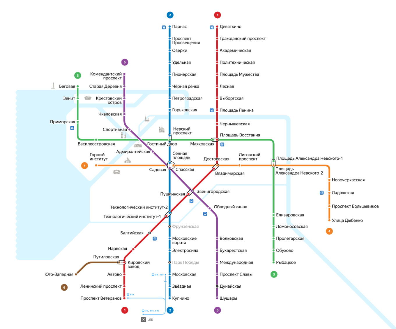 
					The St. Petersburg metropolitan map featuring the new Krasnoselsk-Kalininskaya Line. 					 					Yandex				