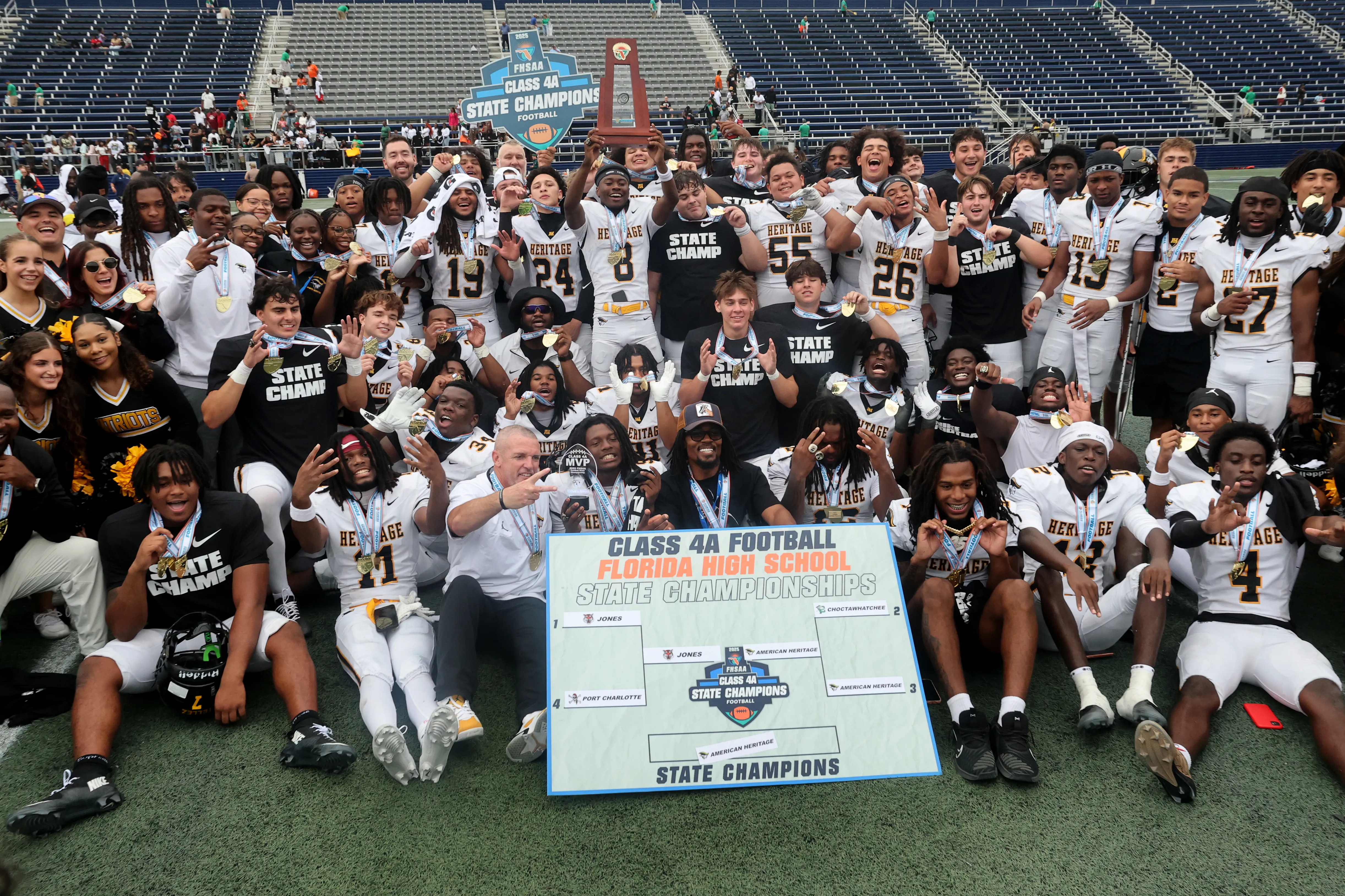 American Heritage High Schoolâs players celebrate their win against Jones...