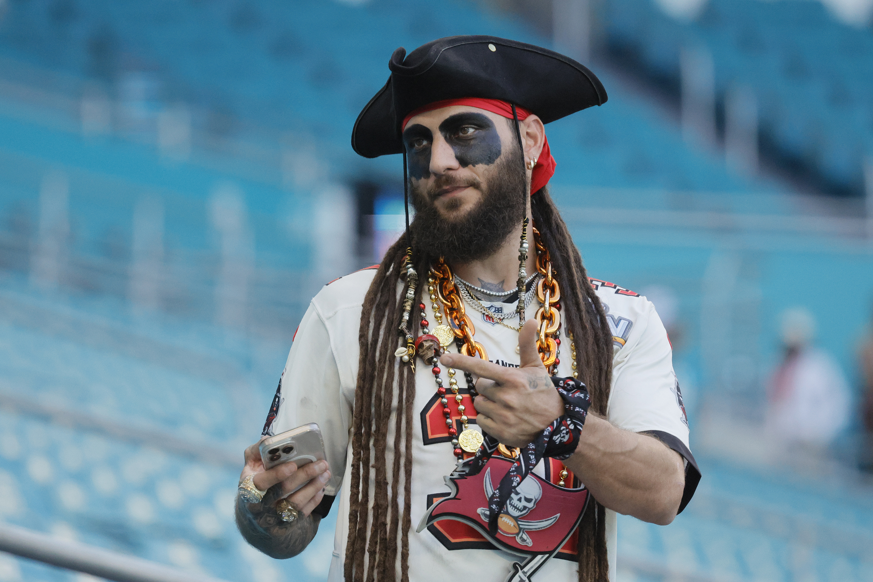 A Tampa Bay Buccaneers fan arrives early for the matchup...