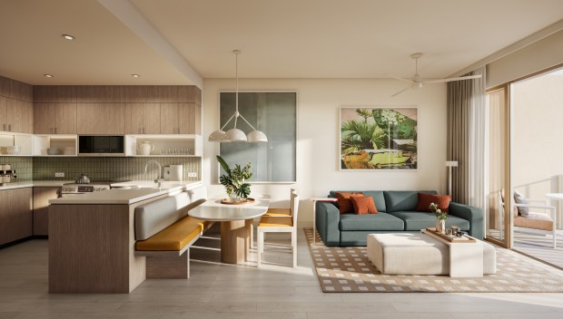 Condo units range from 533 to 1,185 square feet, and all are equipped with a full kitchen, in-unit laundry, and a living room with a sleeper sofa. (Courtesy of The Big Key Group)