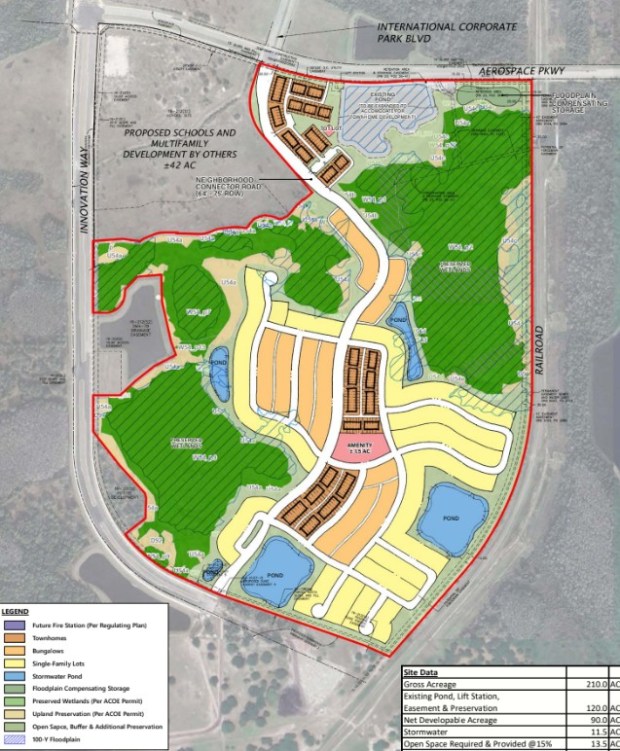 Toll Brothers and Pulte paid a combined $19.5 million for this 436-lot subdivision in Sunbridge. Pulte will build all of the townhomes and bungalow units. Toll Brothers will build the homes on 50-foot and 60-foot lots. (Site plan by RVi Planning)