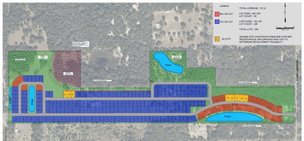 The conceptual plan calls for a gated community with up to 244 estate-sized lots. (Concept plan by EXO Civil Engineering and Land Planning)