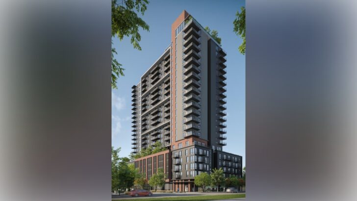 Rendering of the Gallery Haus tower showing balconies, greenery and the building’s modern exterior.