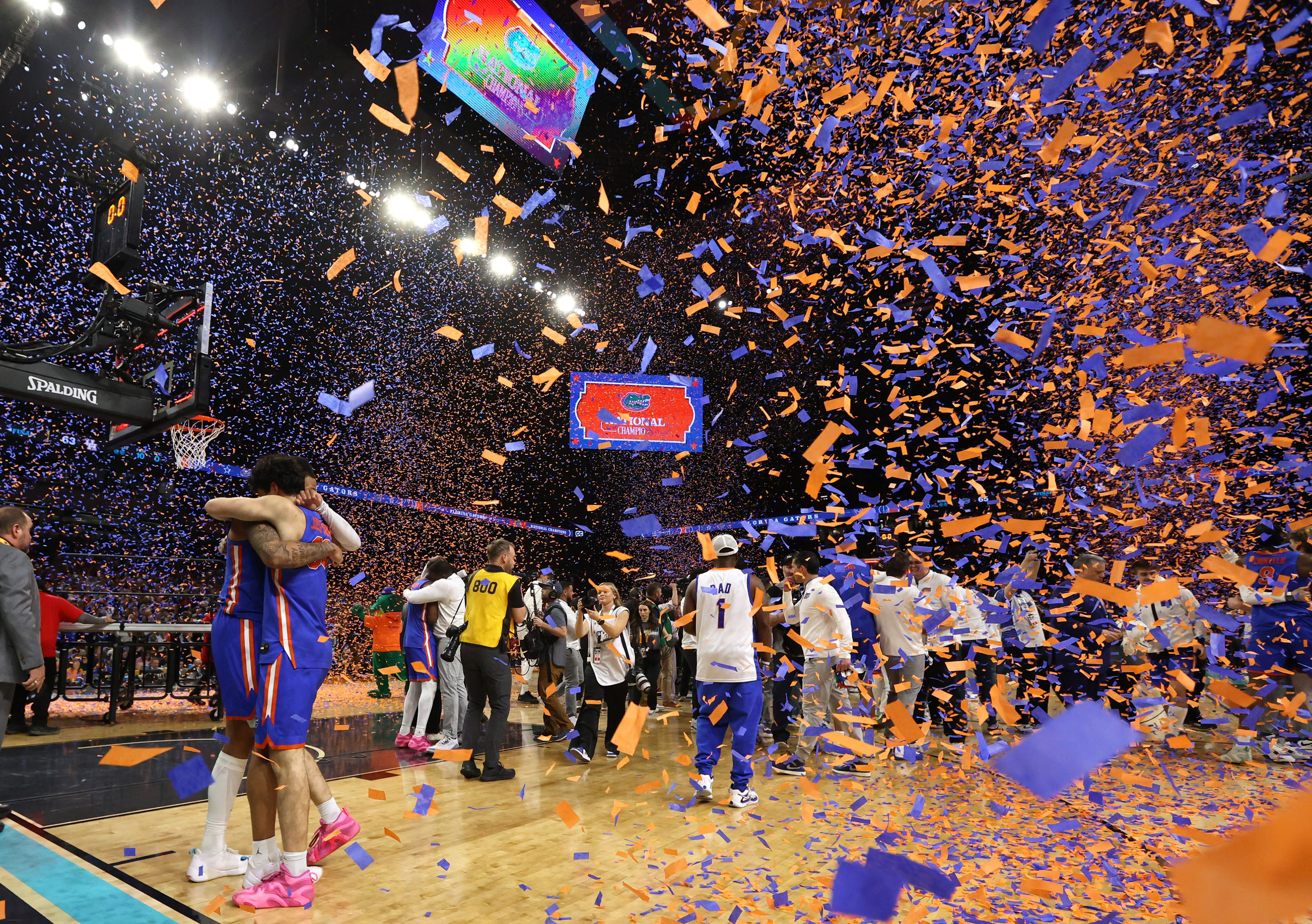 Florida players celebrate after winning the NCAA Basketball National Championship...