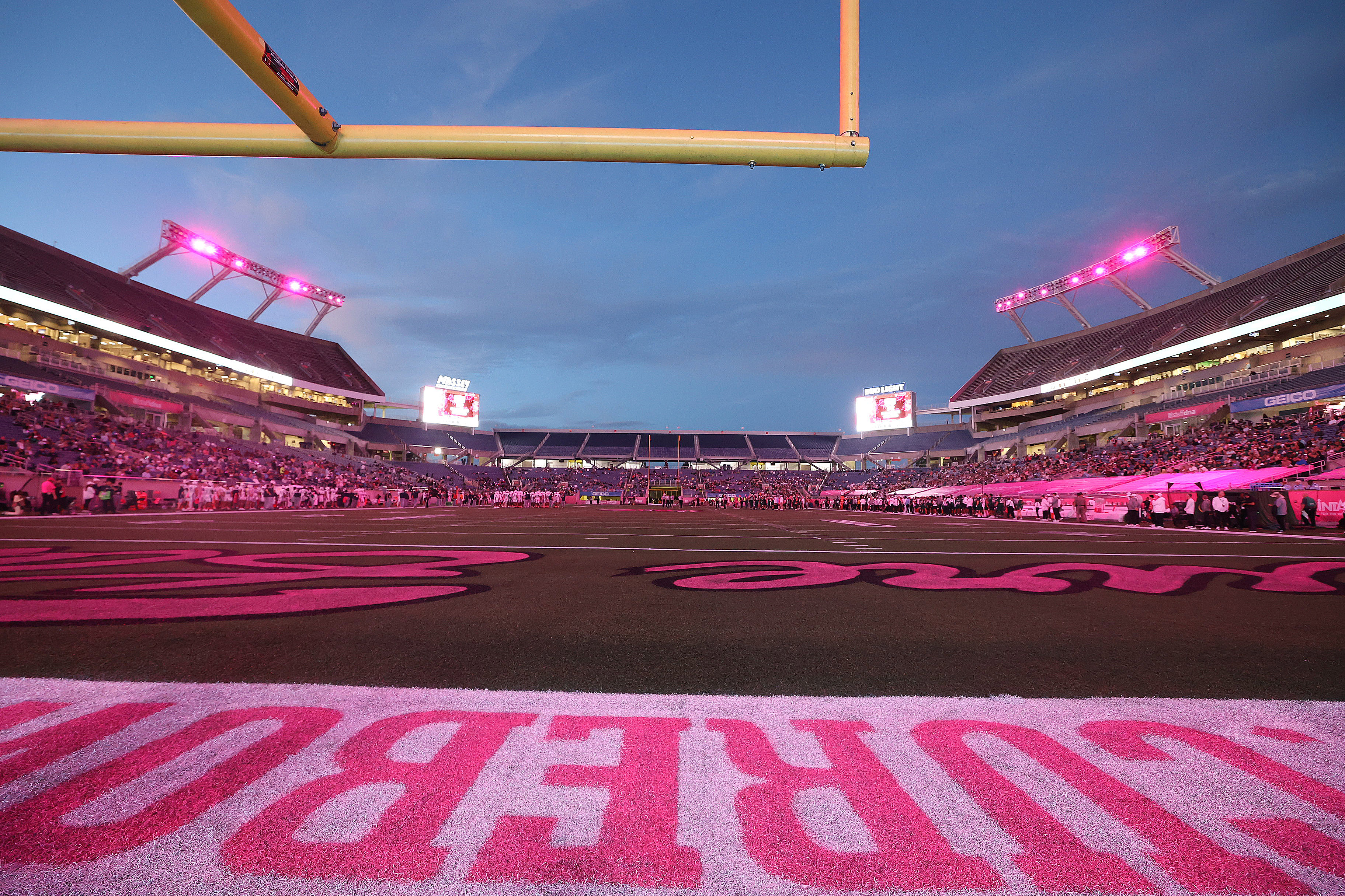 The stadium is bathed in pink light during the Cure...