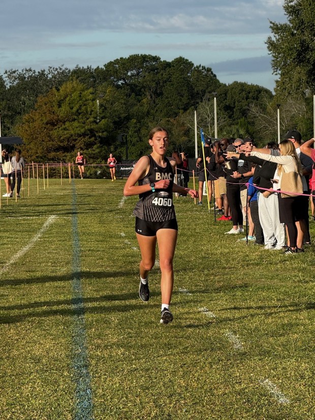 Bishop Moore ninth grader Annabella Tomasic, pictured in a regular season victory, won the Class 3A state championship in Tallahassee on Saturday, Nov. 22, 2025. (Bishop Moore courtesy photo).