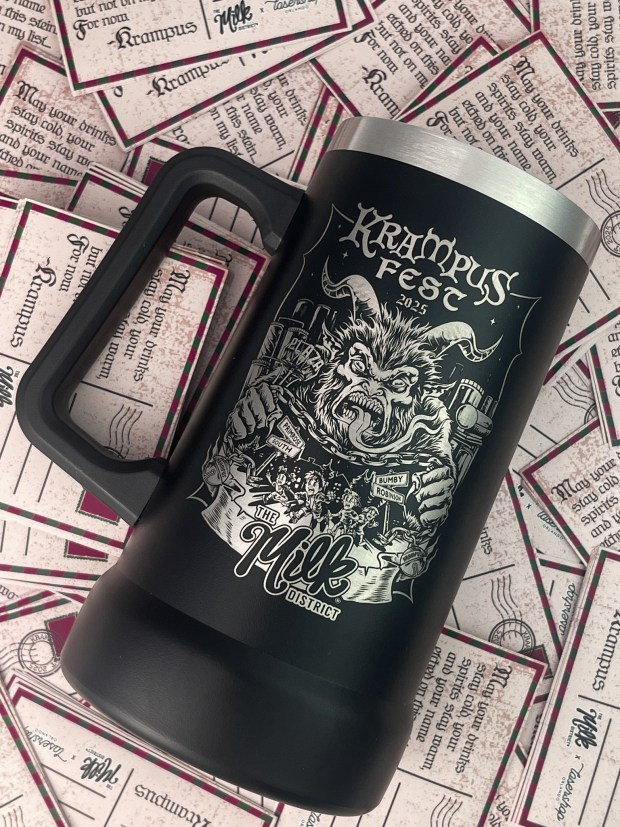 VIP ticketholders will get a whole package of goodies, including this stainless steel stein with the 2025 KrampusFest artwork. (Photo courtesy The Milk District)