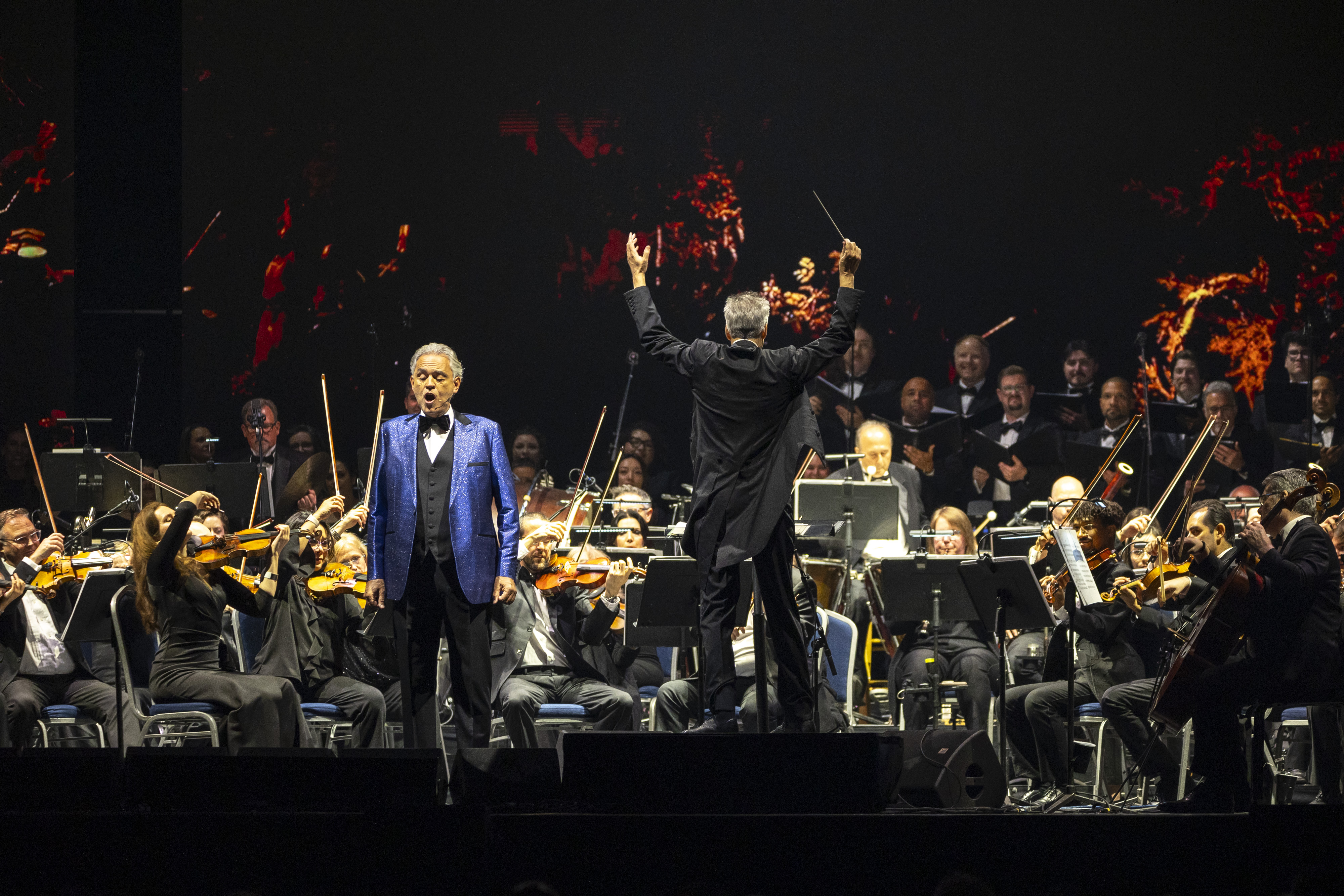 Italian tenor Andrea Bocelli performs with the backing of the...